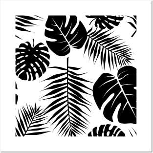 Black and white plant artwork. Large palm leaves pattern. Posters and Art